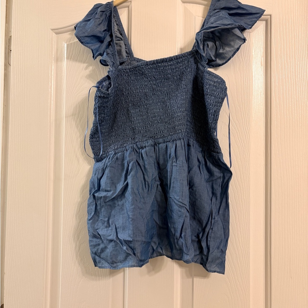 LOFT Denim Blue Smocked Blouse with Ruffle Straps